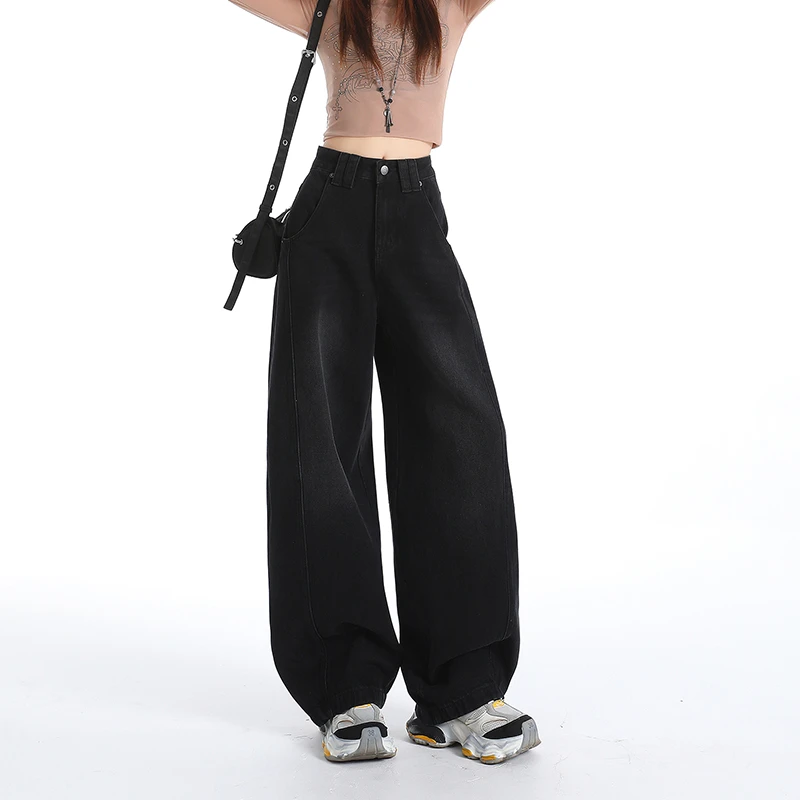 拉夏贝尔高腰女士裤子显瘦秋季弯刀牛仔裤2025新款宽松拖地阔腿裤