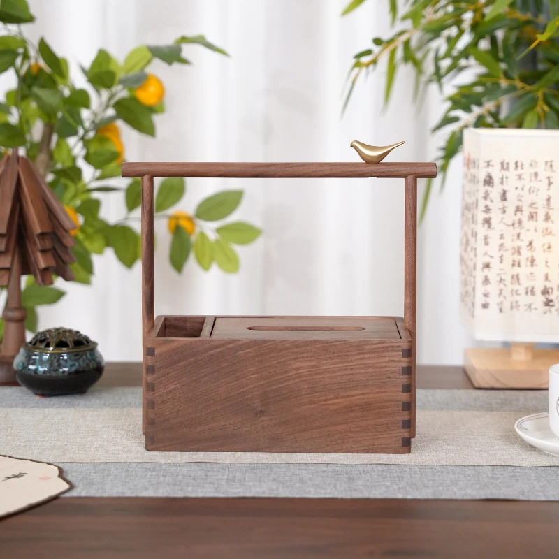 黑胡桃木提篮纸巾盒桌面收纳盒新中式多功能木质提梁式盒