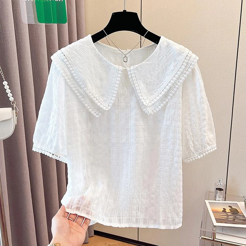 正品哥家同款新款品牌折扣撤回夏季法式蕾丝边娃娃领雪纺衫女设