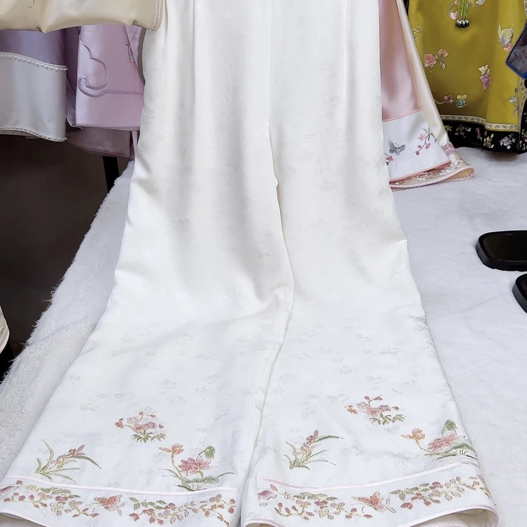 织绣真丝白色正绢裤子