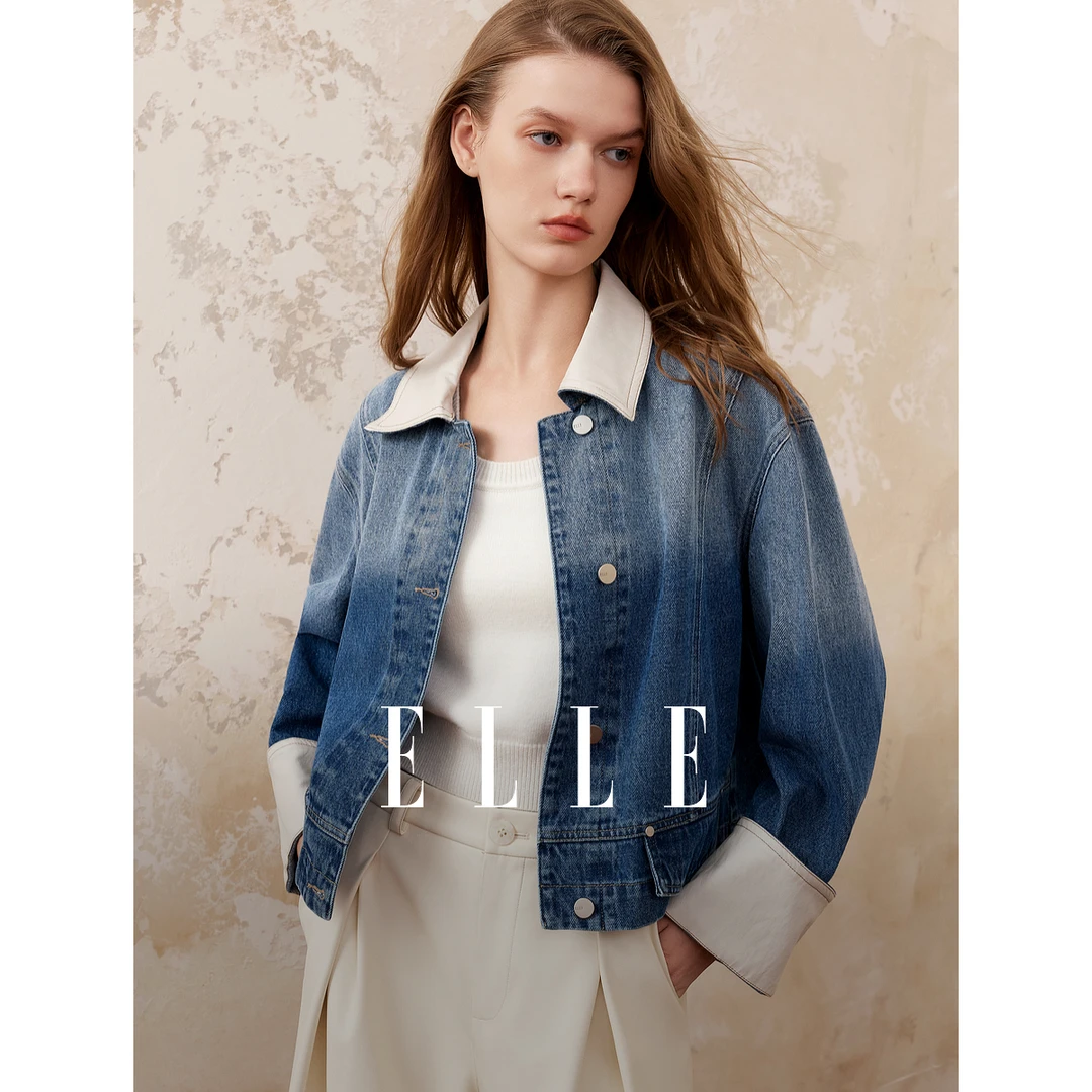 ELLE女装复古丹宁风牛仔短外套2025秋季新款翻领小众上衣EF52105
