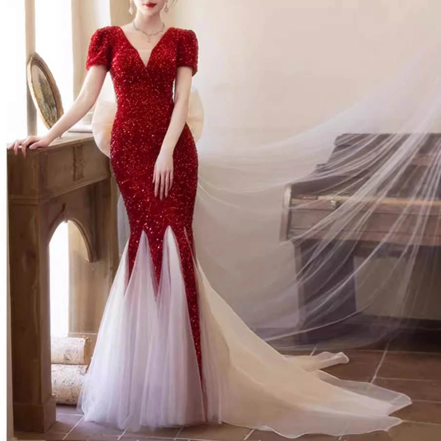 酒红色法式鱼尾新娘敬酒服亮片高级感订婚结婚回门晚礼服主持演出