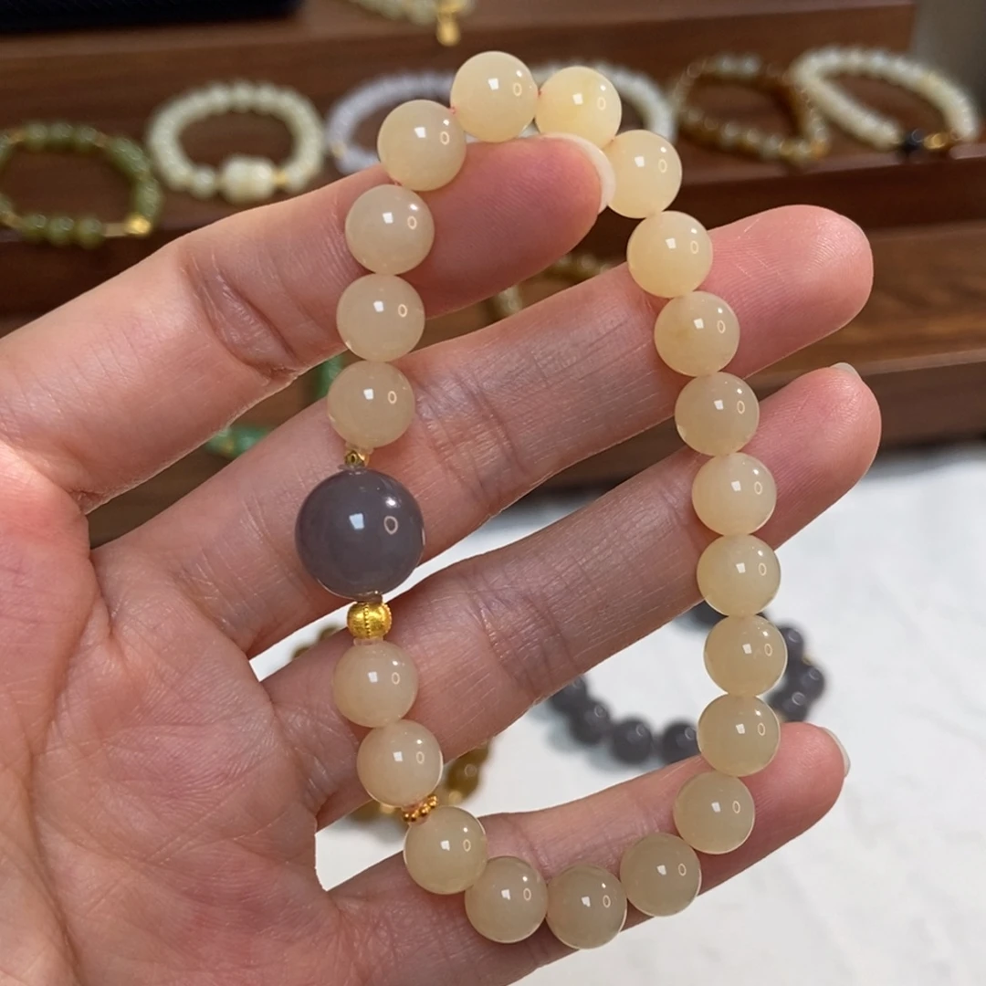 和田玉18K金镶嵌手链8mm熟藕粉