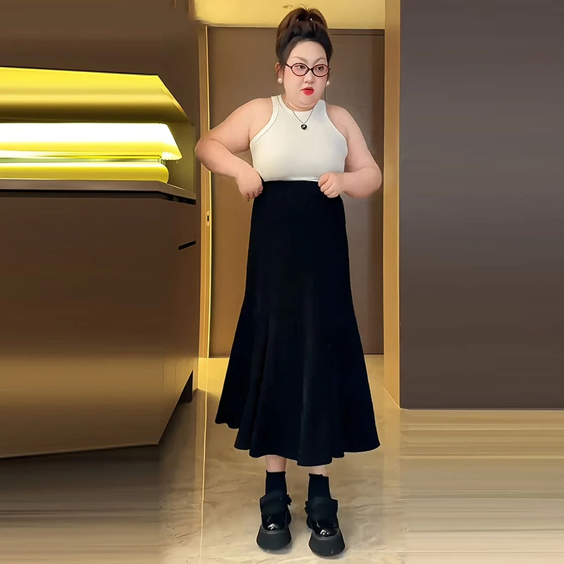 大码垂感气质遮肚鱼尾半身裙女秋冬胖mm高腰梨形身材显瘦黑色裙子