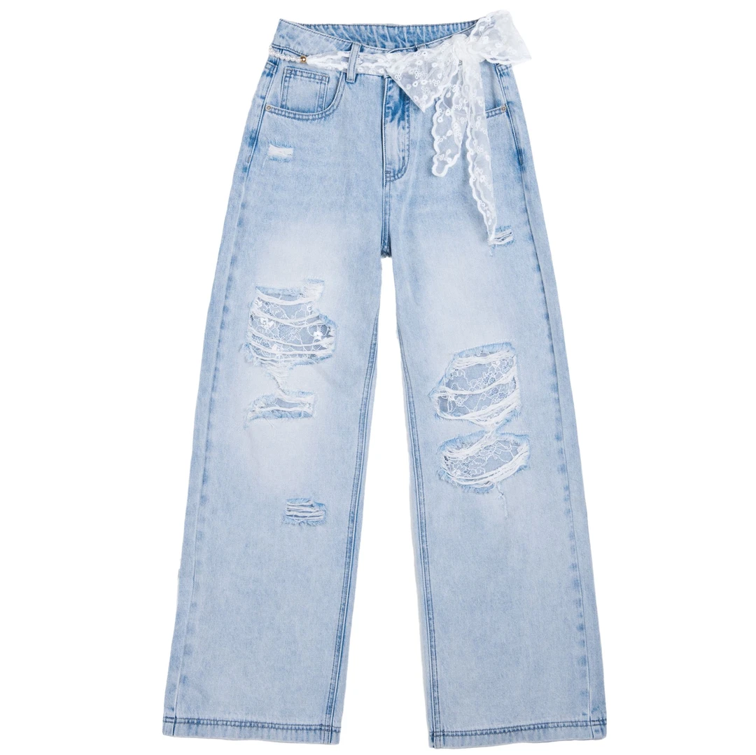 流行网红破洞蕾丝阔腿牛仔浅色休闲腰带时尚直筒宽松女士牛仔