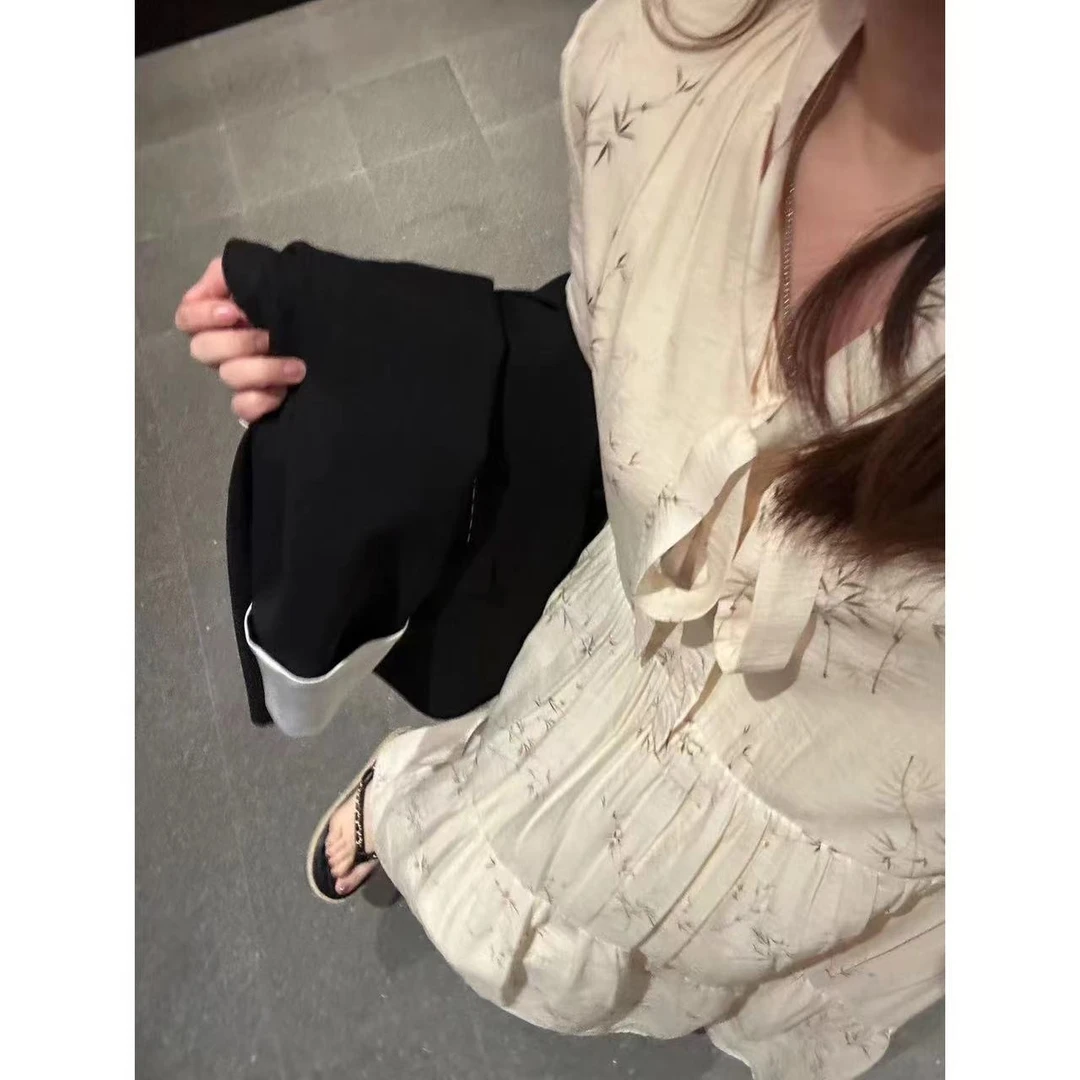 晶咕【春日特调】V领系带竹子碎花捏褶连衣裙宽松气质百搭夏季长袖