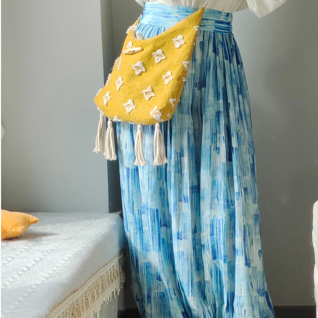 禅山记汉服蓝色扎染印花百褶裤