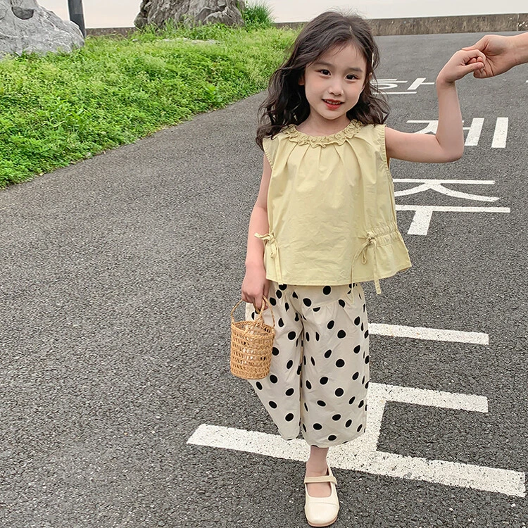 女童洋气套装夏季2025新款儿童夏装薄款无袖背心波点阔腿裤两件套