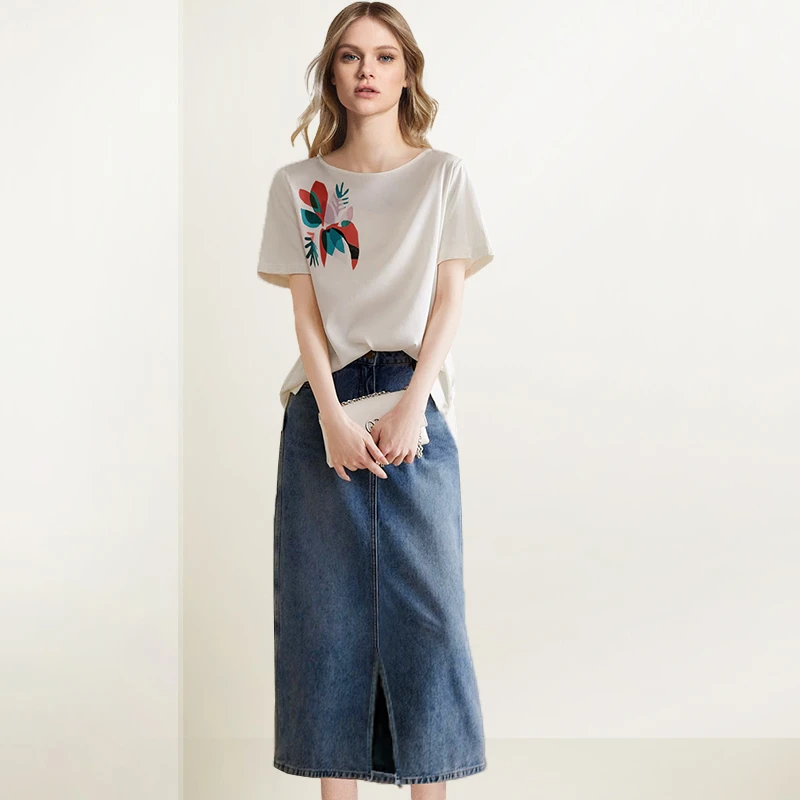 气质减龄印花套装裙女2025年夏新款T恤上衣牛仔半身裙子两件套装