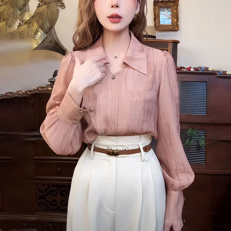 法式粉色衬衫女2025秋季新款时尚减龄洋气职业高级感复古休闲上衣