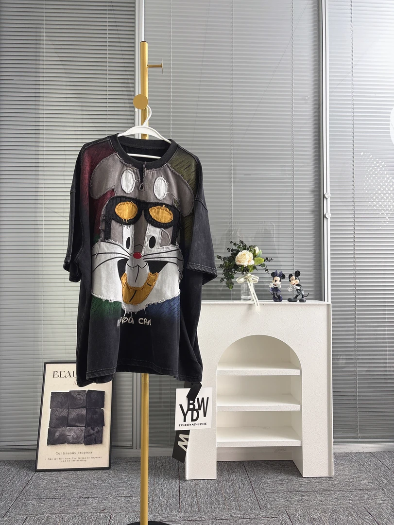 2025春夏新款圆领重工卡通半袖T恤时尚百搭宽松大版短袖