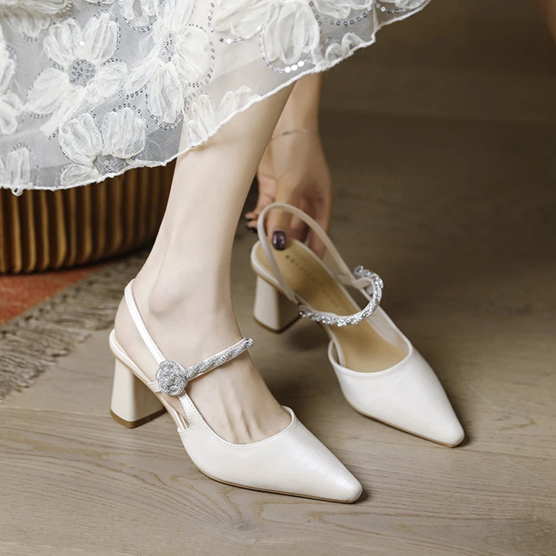 夏季后空高跟鞋女粗跟米白色仙女风百搭配裙子气质高级感包头凉鞋