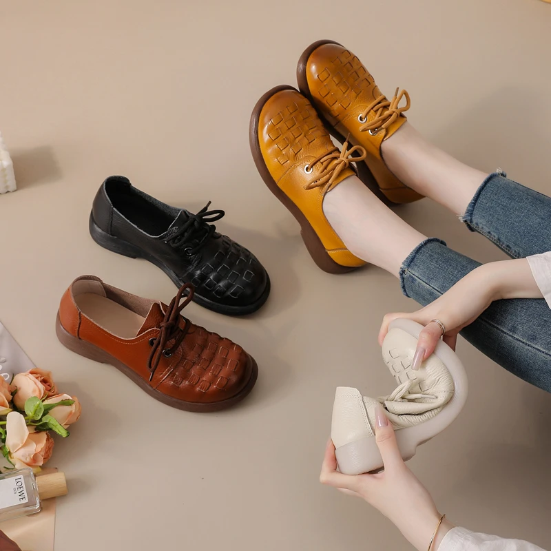 头层牛皮秋季新款平底手工编织女鞋舒适时尚百搭软底软面小单鞋