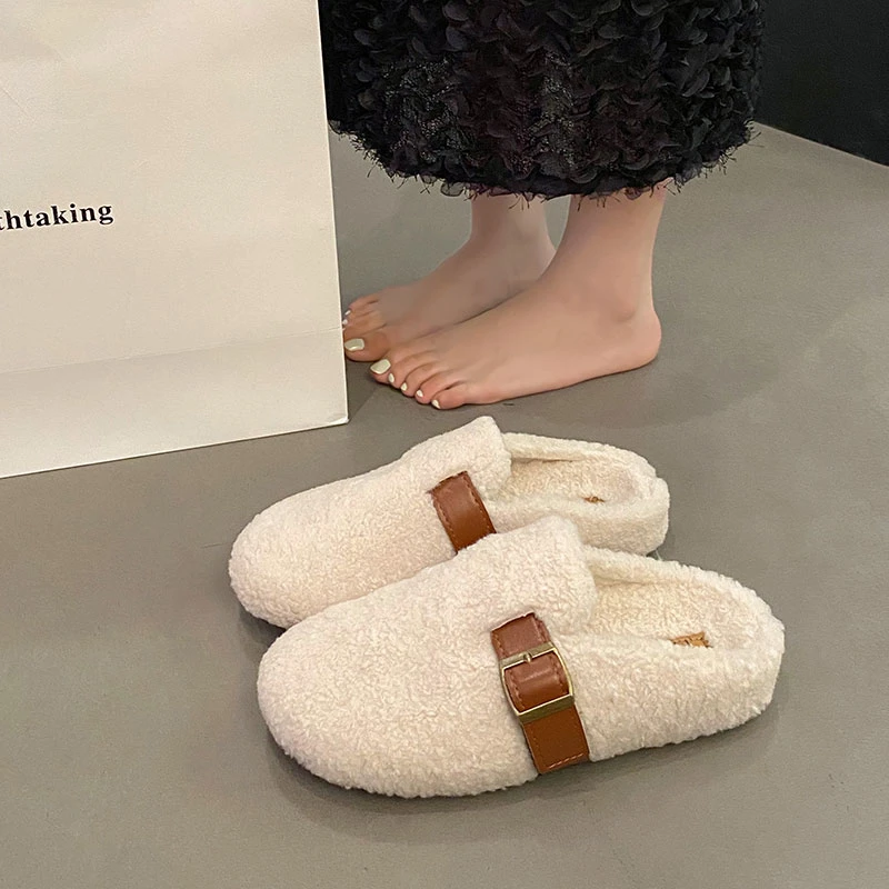 厚底增高勃肯包头毛毛拖鞋女外穿2025秋冬新款一脚蹬毛茸茸棉拖鞋