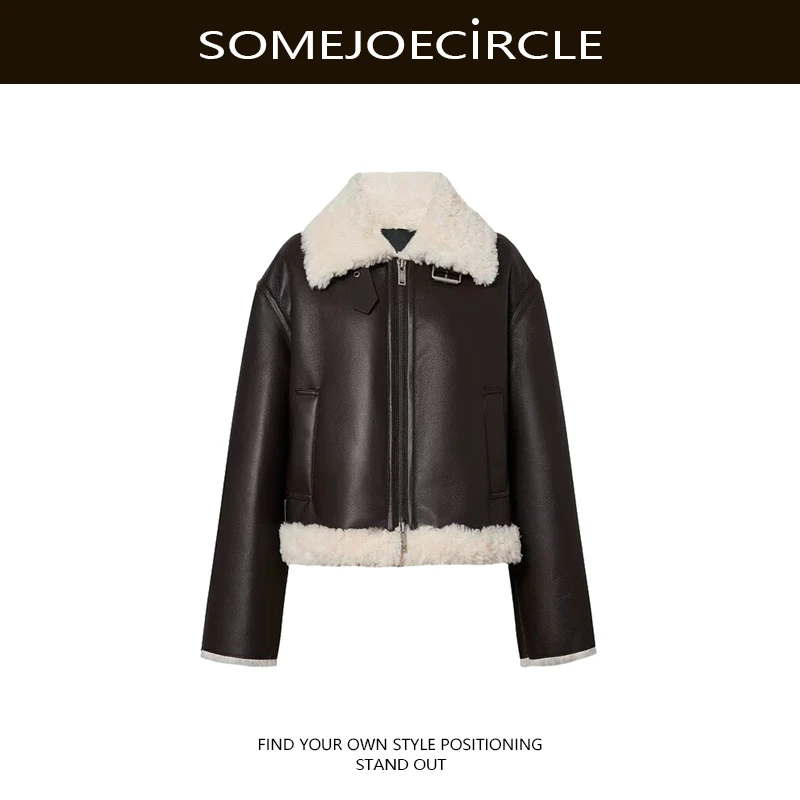 【DZ】SOMEJOECIRCLE【外套】新品机车风素皮毛领立领夹克短外套Z8392