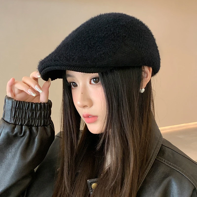 英伦风复古百搭前进帽秋冬季拼接加绒加厚鸭舌帽显脸小