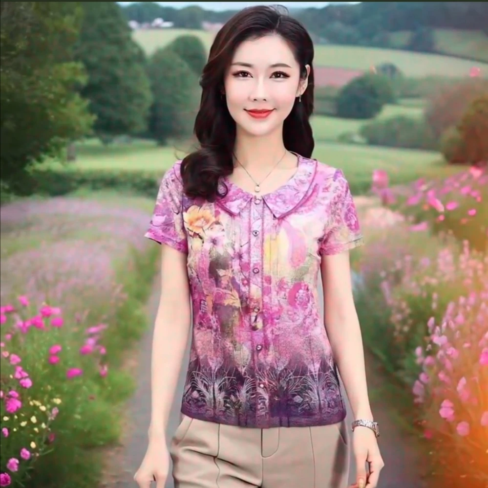 弹力台湾网纱中老年女装中年装时尚夏季短袖修身上衣T恤妈妈装