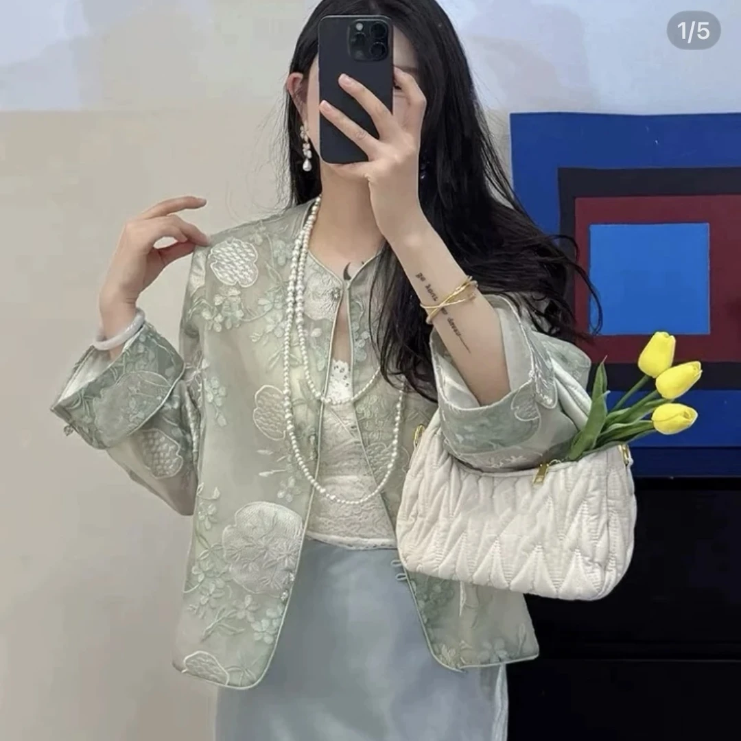 2025年夏季新款女装【苹果绿新中式外套】时尚通勤薄款防晒刺绣开衫