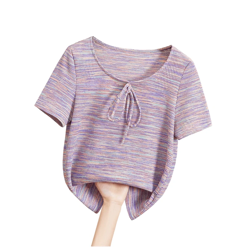 2025夏装新款女装蝴蝶结圆领条纹短款套头短袖T恤T52Z1654T