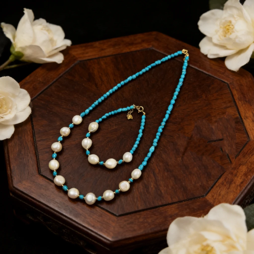 【匠心】天然绿松石美松高瓷暴力蓝珍珠项链----夏日云舒