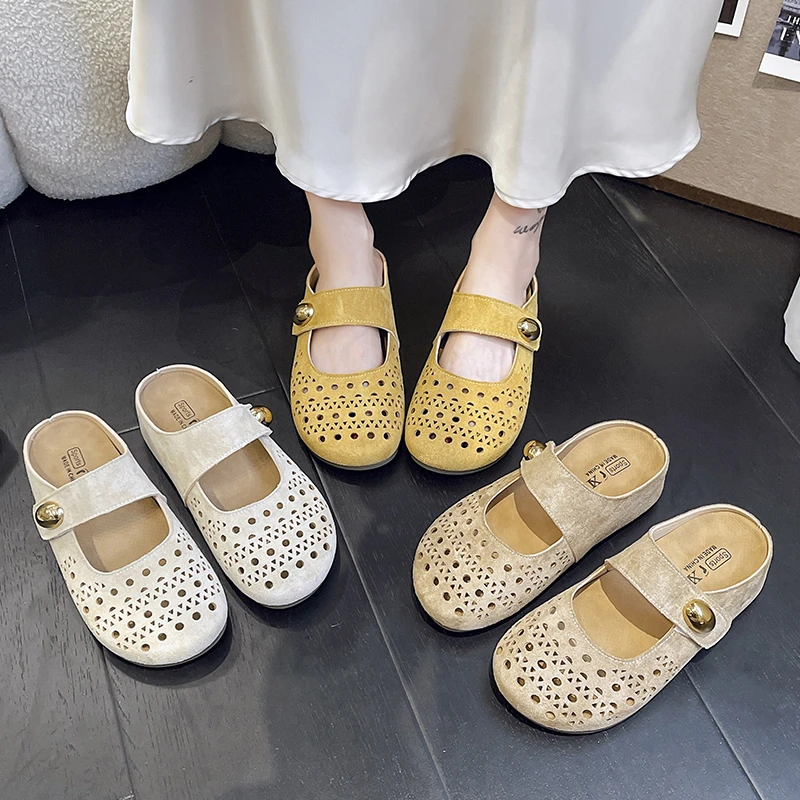 镂空包头拖鞋女小金豆半拖软底内增高百搭春夏平底一脚蹬洞洞鞋