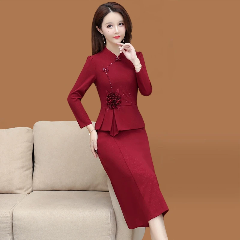 喜婆婆婚宴装礼服广州十三行红色长袖连衣裙假两件套装女春秋妈妈