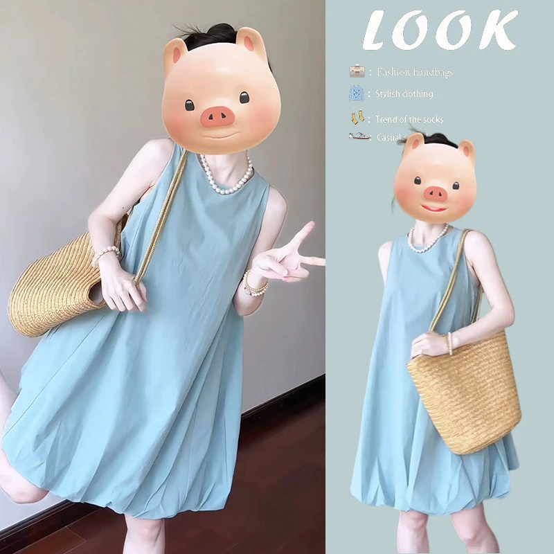 夏季温柔系穿搭女2025年新款韩系减龄无袖背心裙蓝色花苞连衣裙女