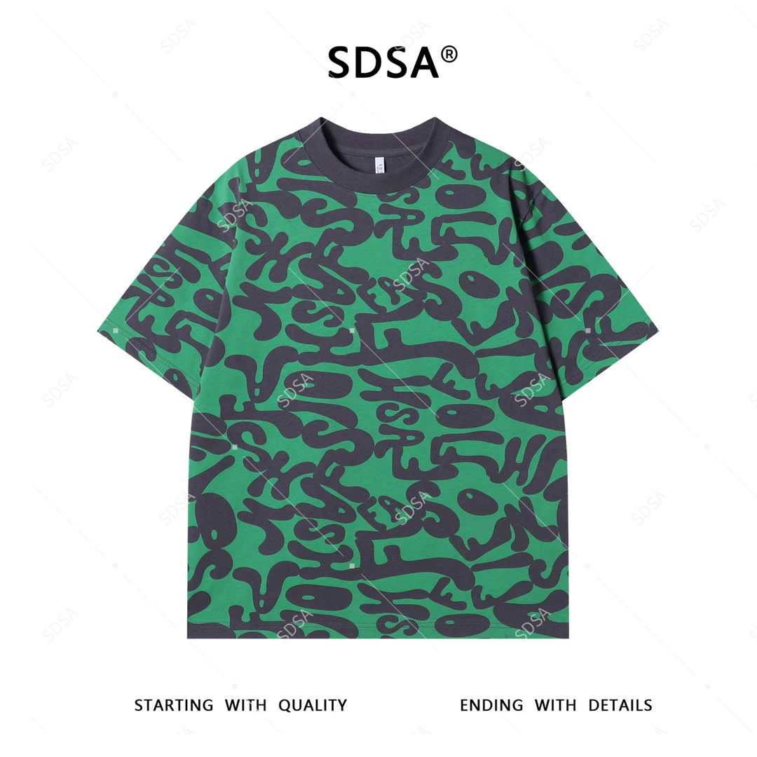 SDSA夏季新款男士痞帅美式撞色抽象字母设计圆领短袖T恤高街上衣