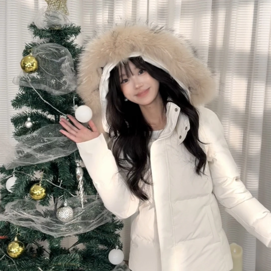 Audwyn90白鸭绒收腰加厚加绒羽绒服女貉子毛领连帽秋冬显瘦上衣