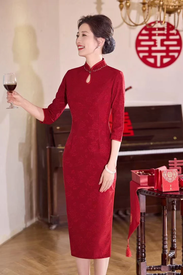 【吾家有喜】中国风中式婚庆秋季喜婆婆红色水滴领旗袍显瘦时尚A23