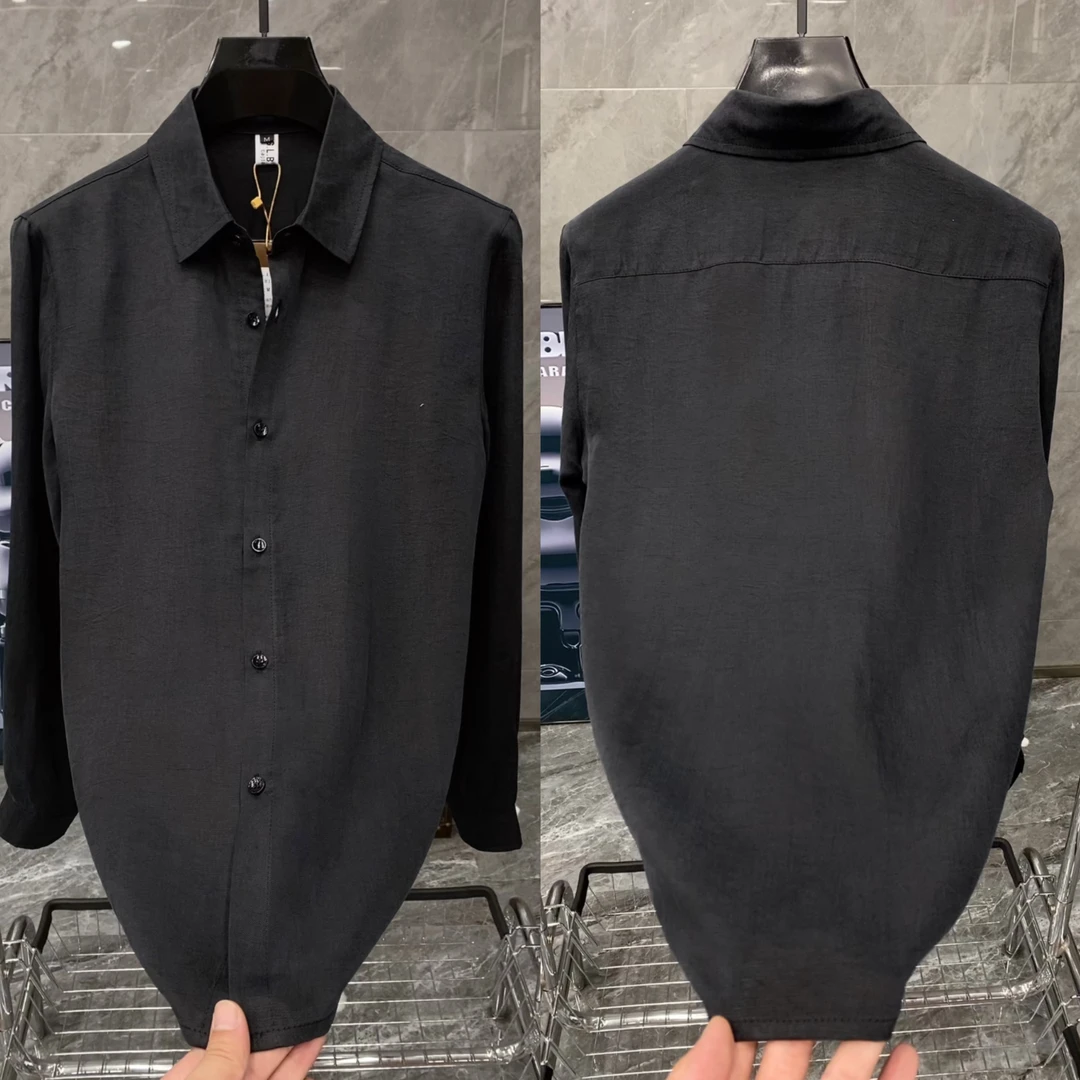 早秋男士新款时尚休闲百搭天丝亚麻老钱风超薄长袖衬衫 8156