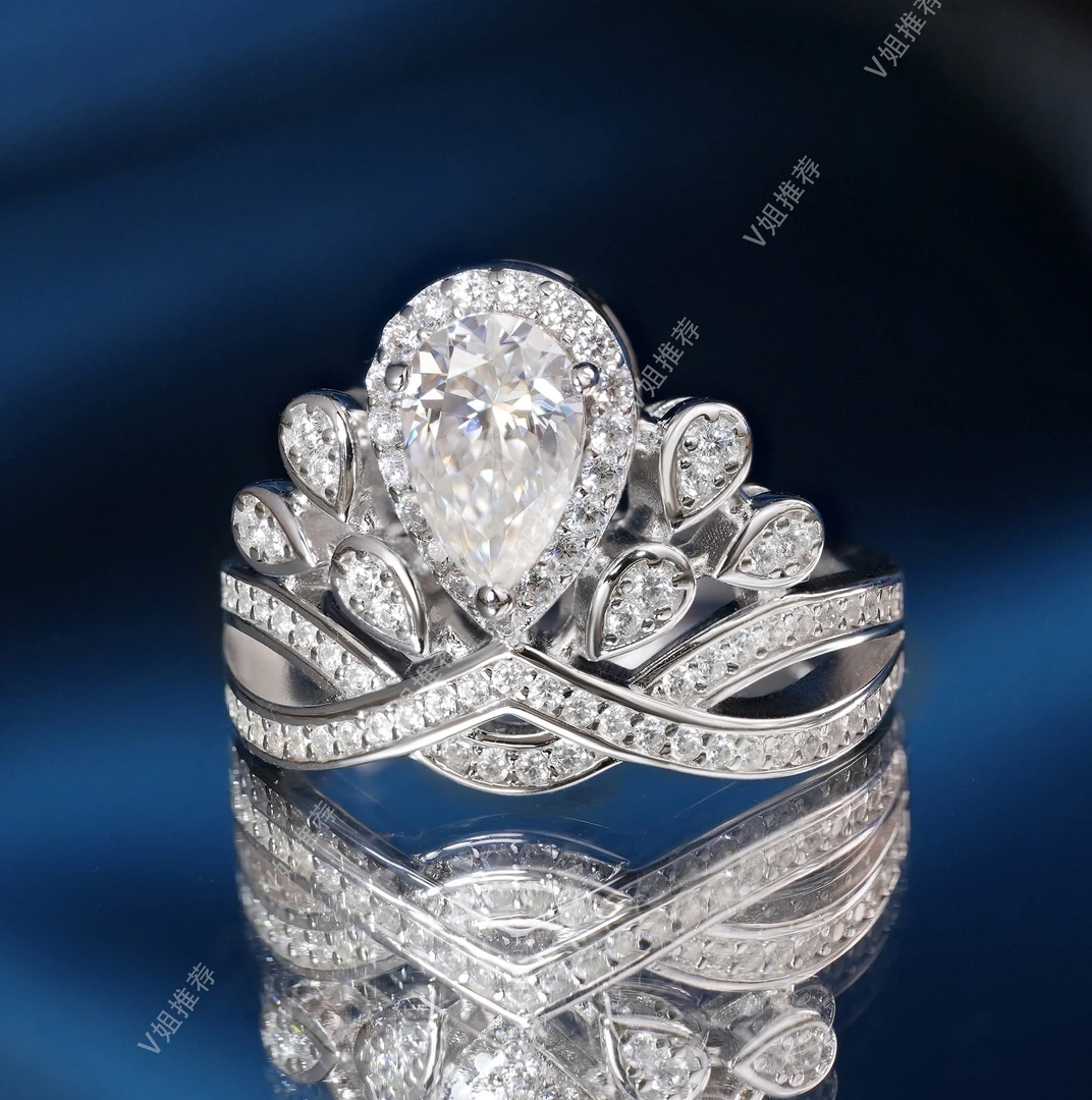 925银莫桑石戒指 【V姐推荐】为爱加冕D色莫桑钻1克拉水滴皇冠戒指