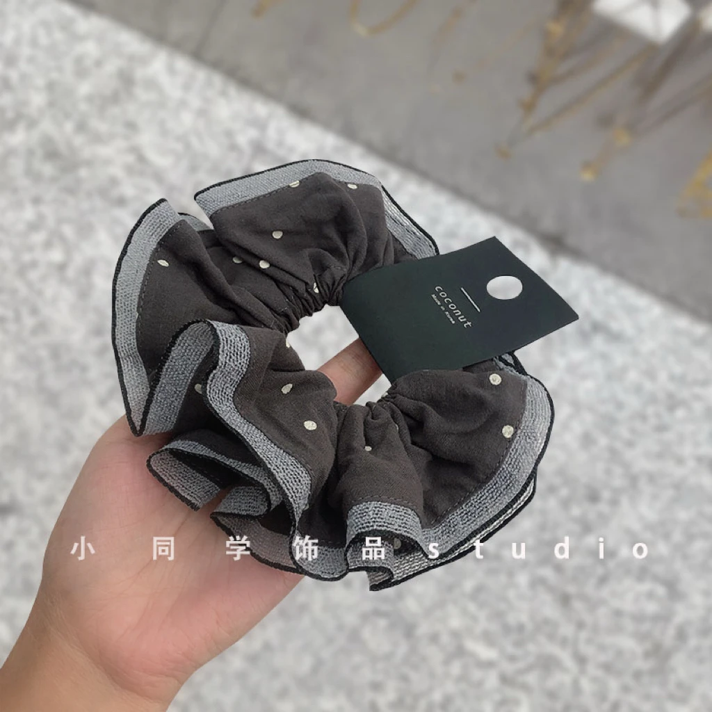 韩国原创设计发饰2025新款发饰烟灰色纯棉麻波点小蛮腰发圈大肠圈