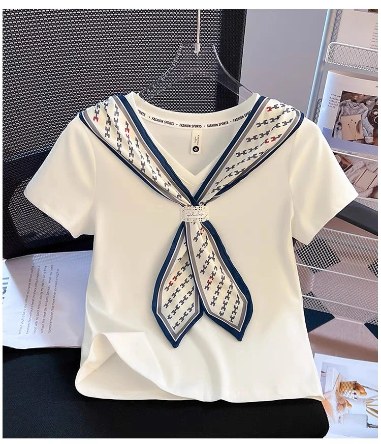 女童设计感丝巾短袖正肩t恤中大童2025夏季新款洋气百搭纯色上衣