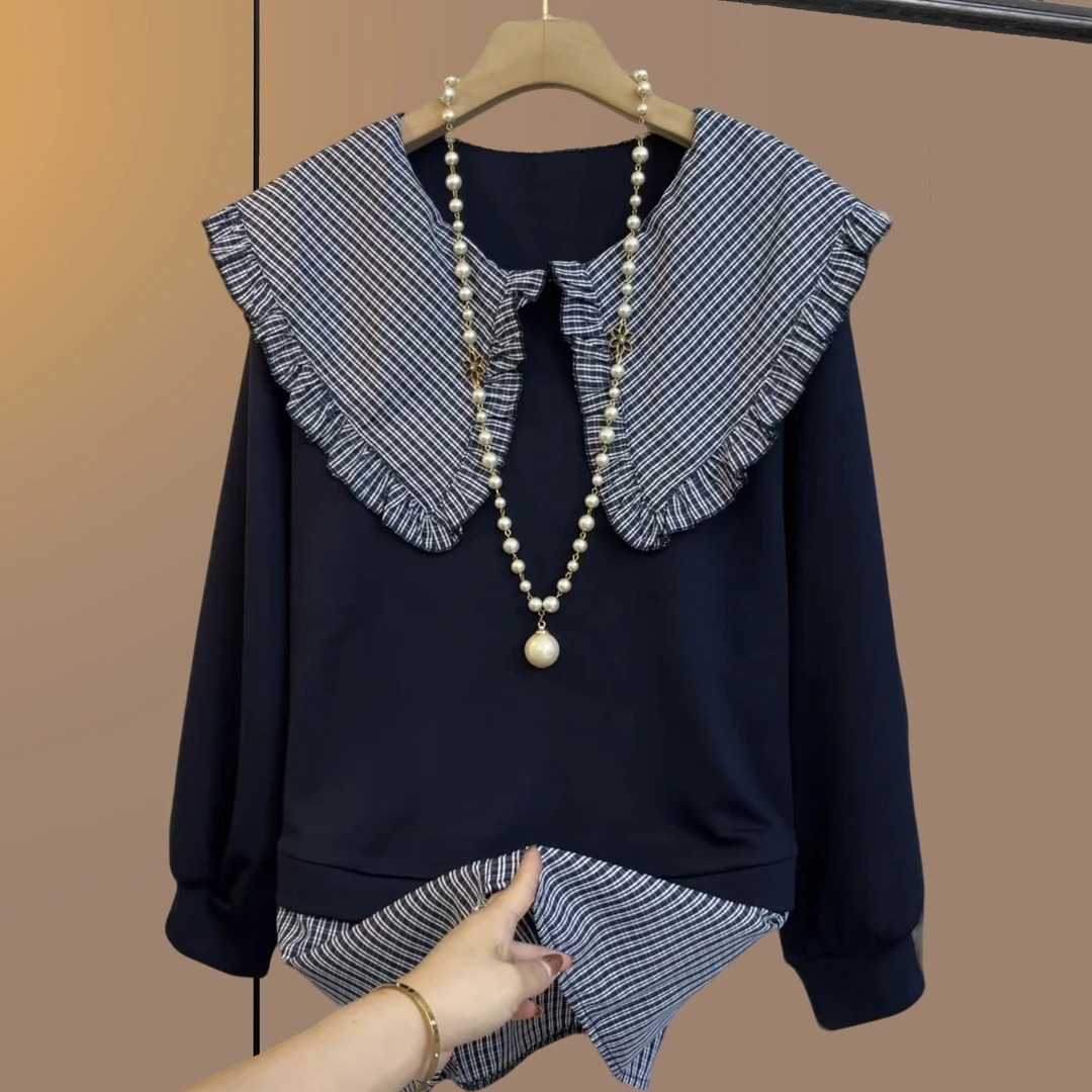 早秋季大码女装胖妹妹显瘦宽松百搭短款上衣简约蓝色格领假两件