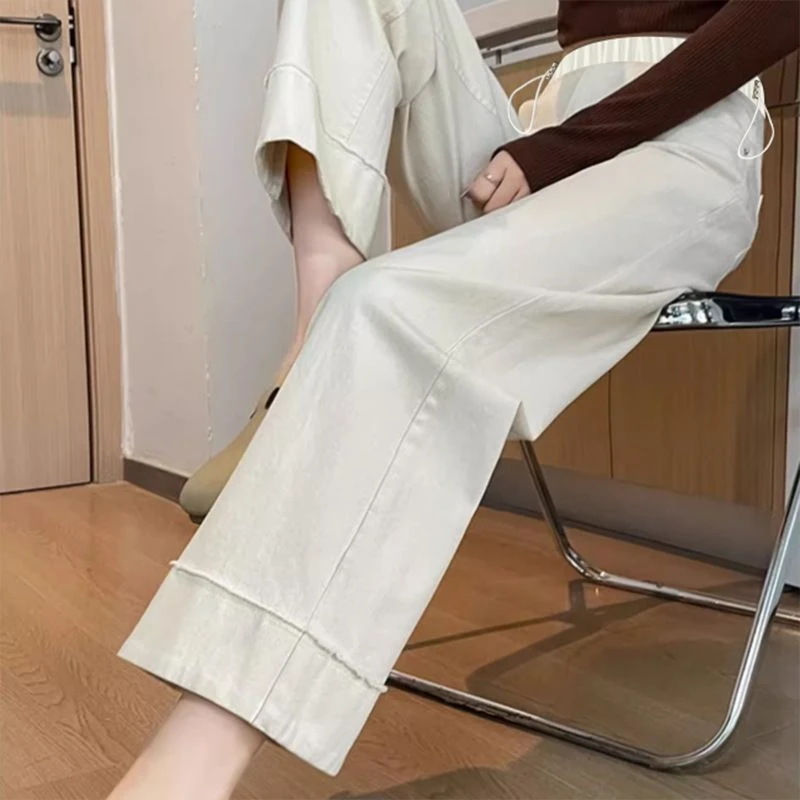 孕妇九分裤杏色牛仔裤时尚外穿休闲百搭阔腿宽松显瘦抽绳直筒裤