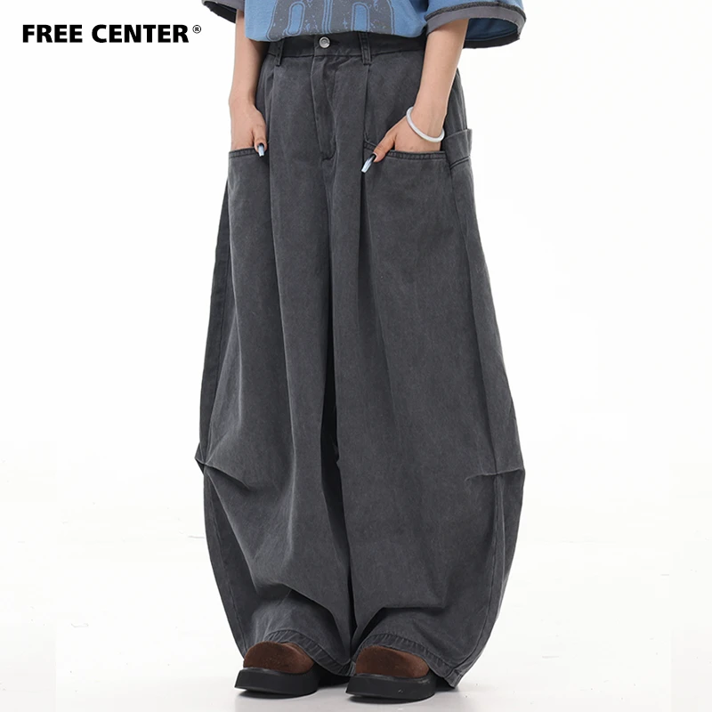 Free Center夏季薄款宽松阔腿裤男女同款净版纯色百搭弯刀休闲裤