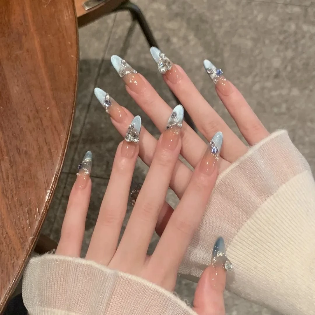 手工美甲穿戴甲水光感法式蓝色猫眼满钻少女心氛围感ins辣妹学生