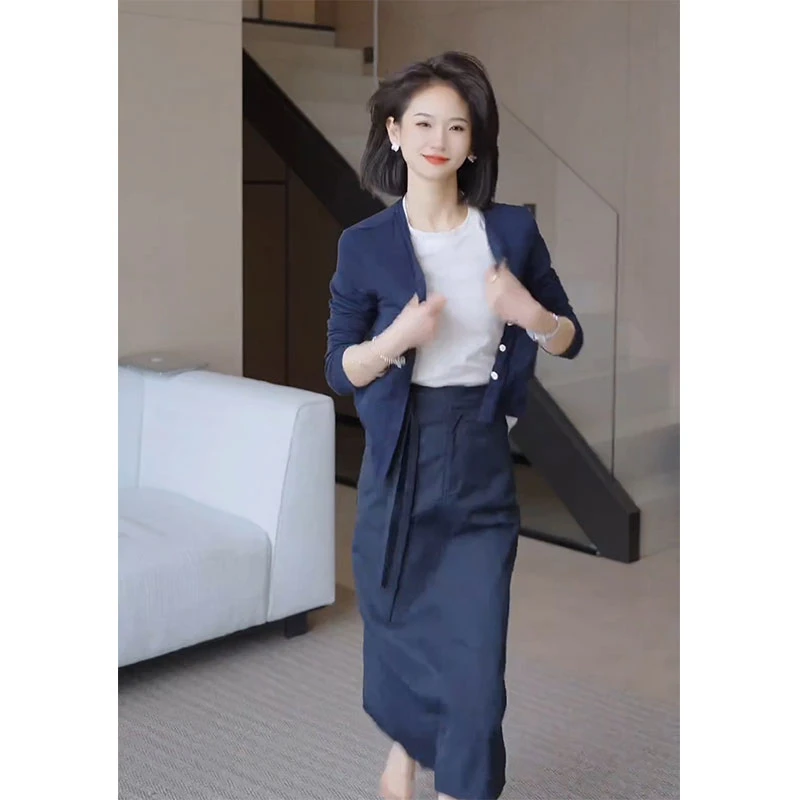 2025秋季假两件圆领长袖开衫上衣高腰半身裙韩系温柔御姐两件套装