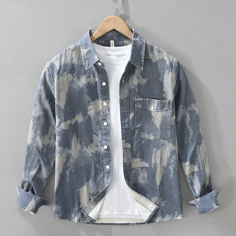 纯棉日系复古印花长袖衬衫男士牛仔时尚文艺休闲宽松上衣7553