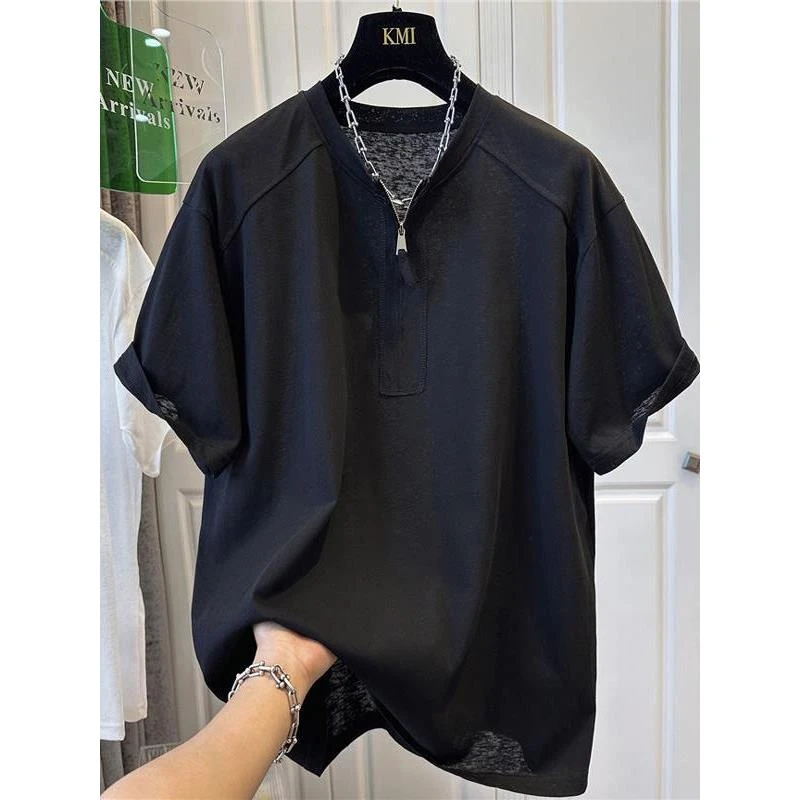 特大码300斤个性黑色半拉链短袖t恤男装宽松时尚百搭夏季款上衣潮