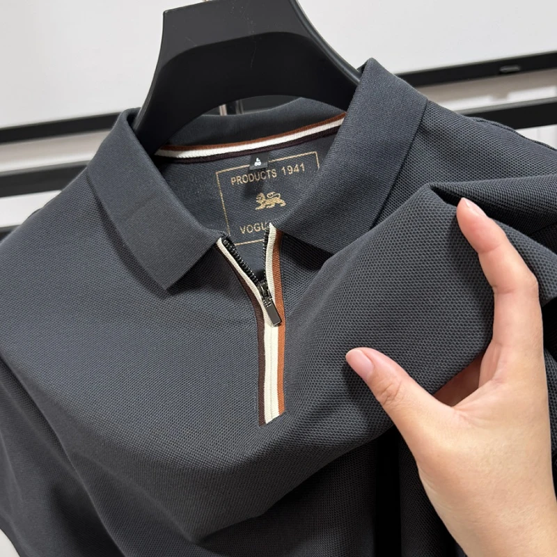 CATIA SELI拉链领~100%纯棉短袖t恤男夏季翻领纯色POLO衫休闲上衣