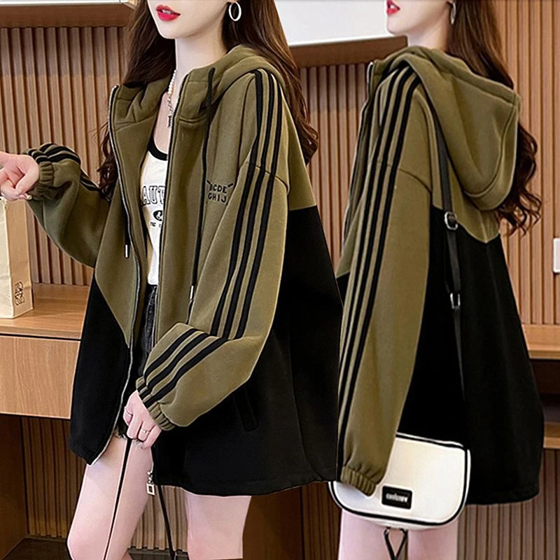 春秋季薄款拼色连帽卫衣外套女2025新款大码胖mm显瘦外穿开衫上衣