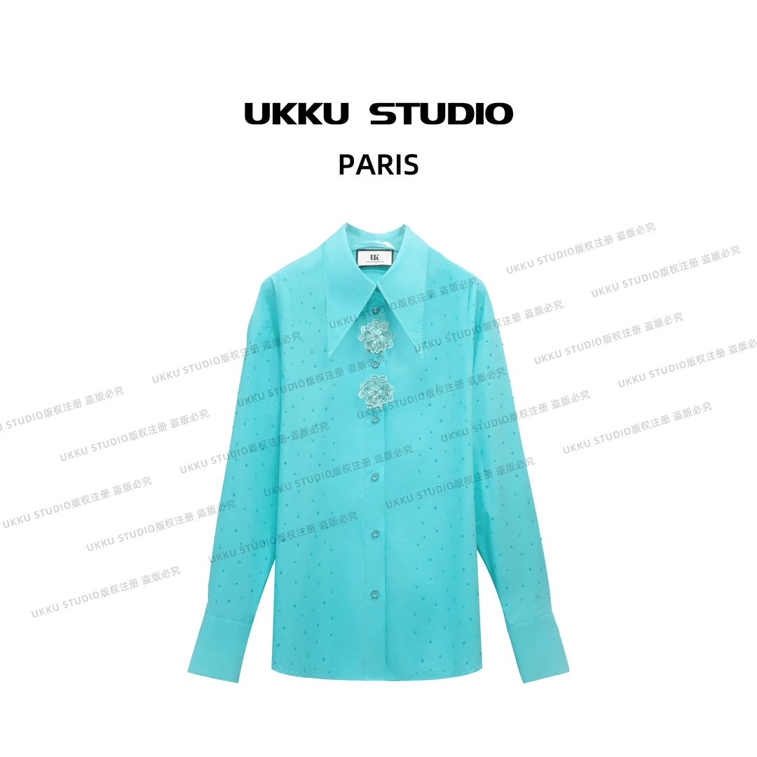 文文【UKKUSTUDIO】时尚蓝色拼接亮钻加厚玫瑰衬衫613326