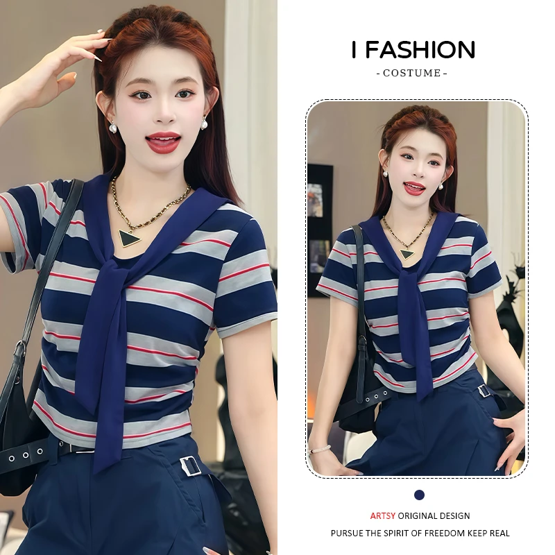 高含棉撞色条纹短袖t恤女2025夏新款大码胖mm修身显瘦海军领上衣
