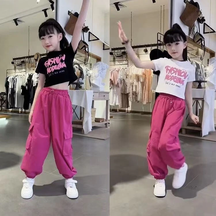 戴维贝拉女童短袖工装裤两件套装网红炸街潮2025夏款时髦中大童T