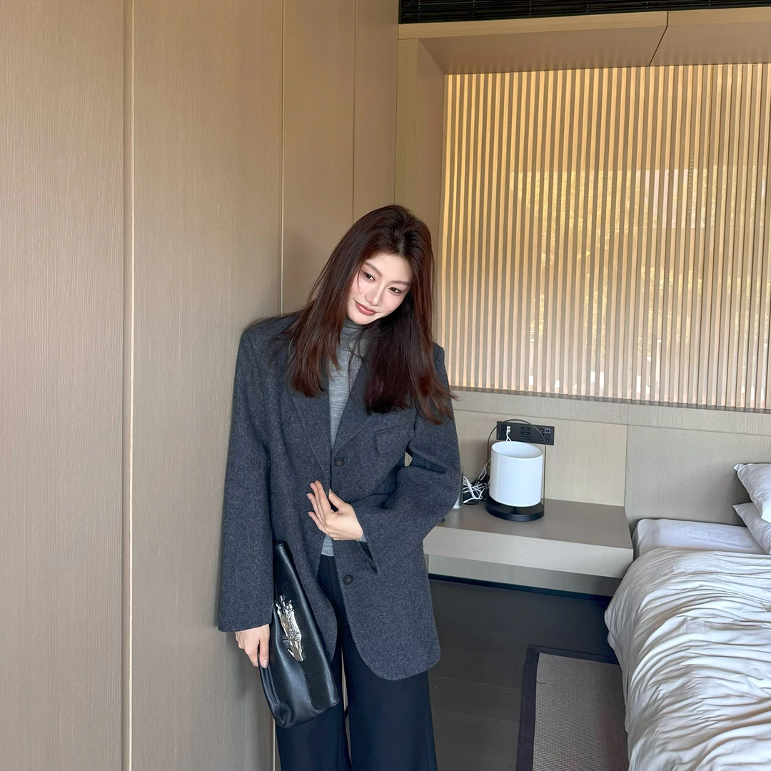 【ALONE SAVOR】龍喜儿 老钱风秋冬羊绒戗驳领廓形西装大衣L037