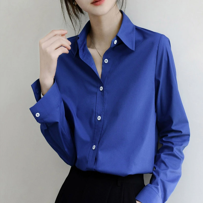 克莱因蓝色显白衬衫女春秋季简约气质小众知性风宽松正肩长袖衬衣