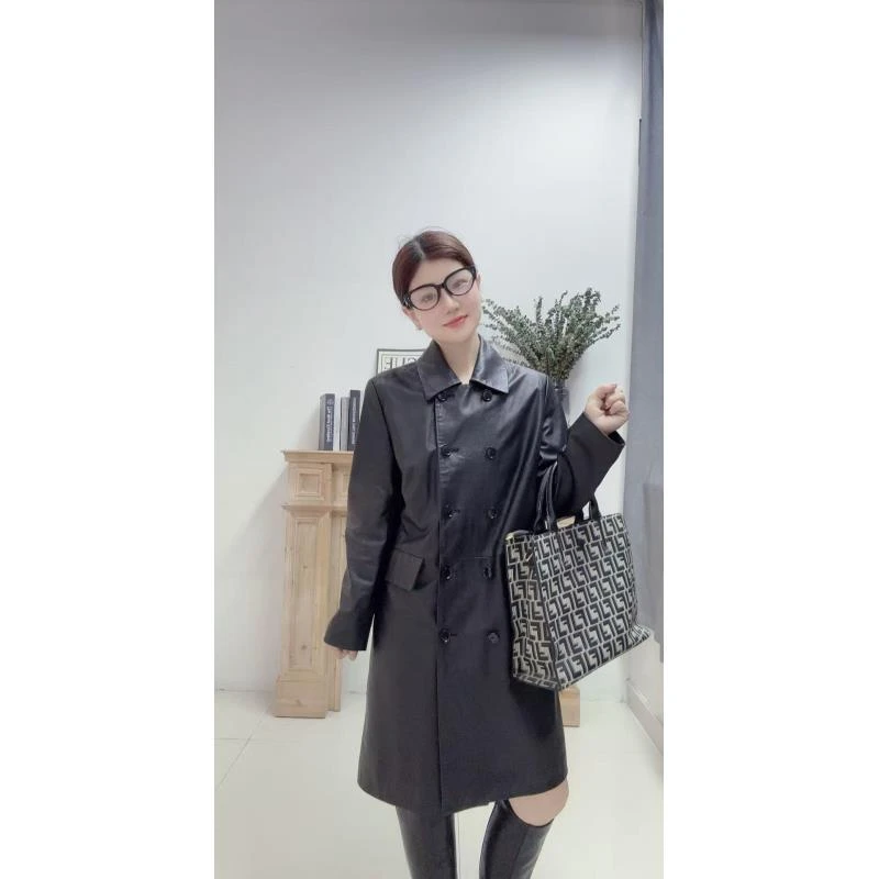 小牛皮欧美范长款风衣外套时尚休闲百搭女士黑色春季中长款66222