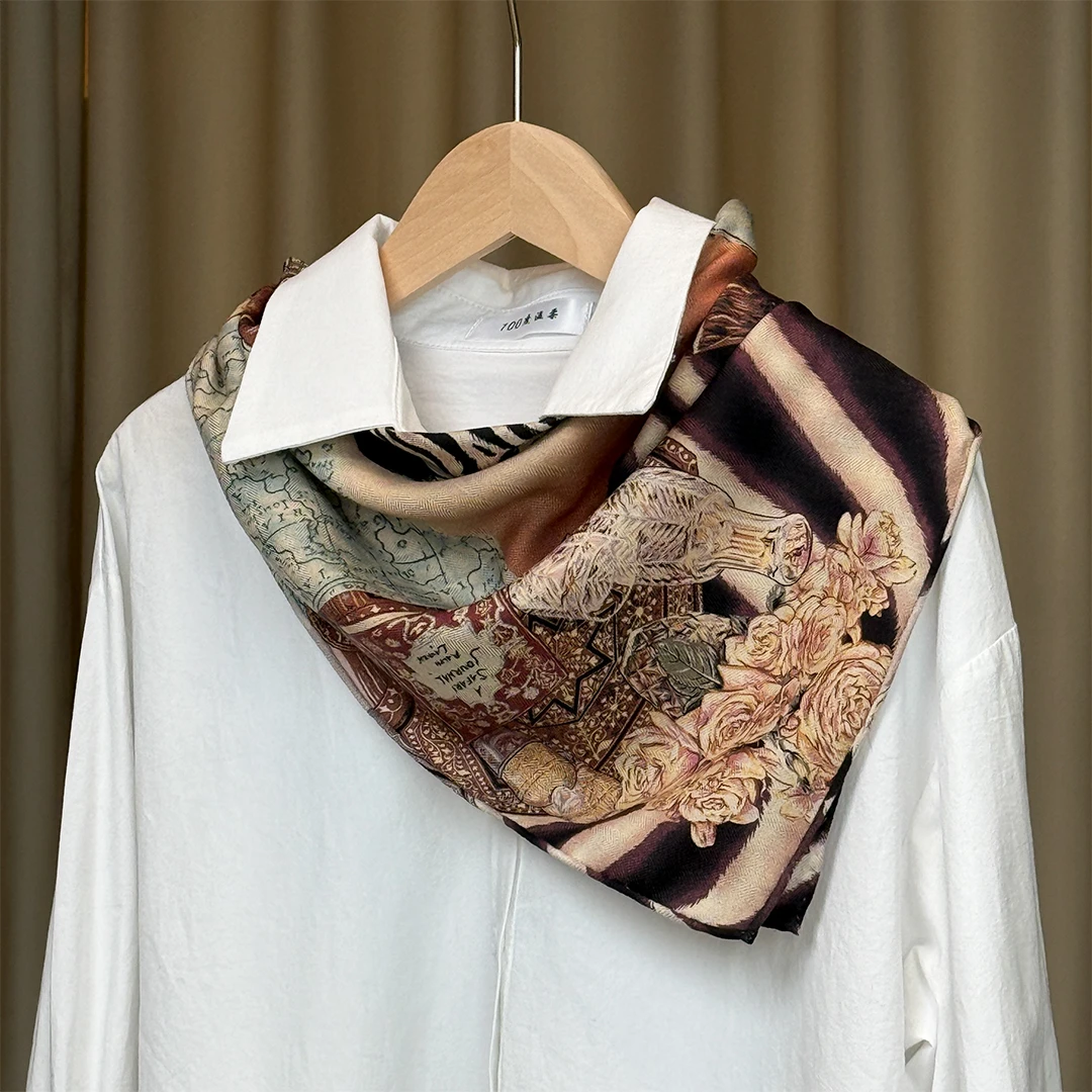 春秋羊毛真丝围巾女双面异色喷绘方巾时尚减龄气质小丝毛62*62cm